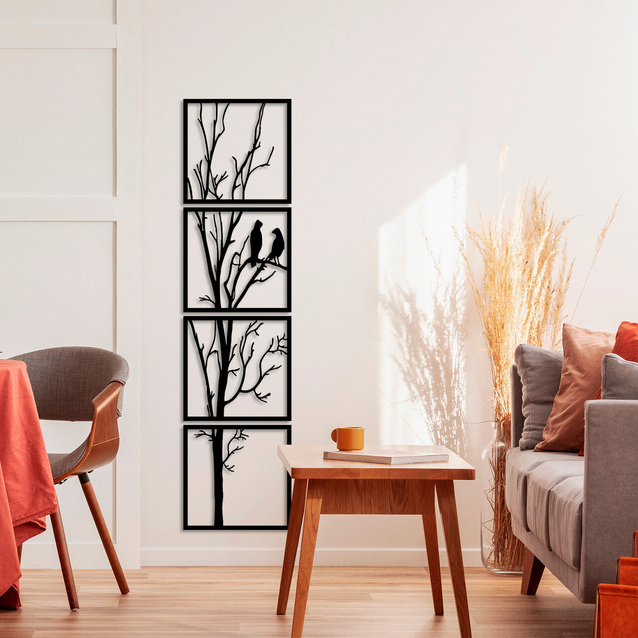 Decoratiune de perete, Tree And Birds B, 44 x 44 cm, 4 piese, Negru - imagine 6